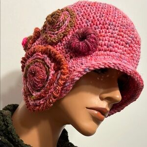 Chic Pink Crochet Hat with Floral Details 1play
